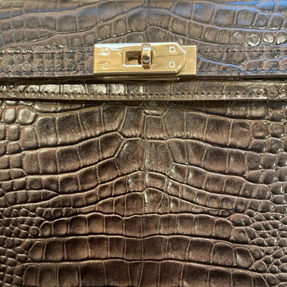 Classic Croc-Embossed Top-Handle Satchel in Dark Brown - Picture 5 of 14